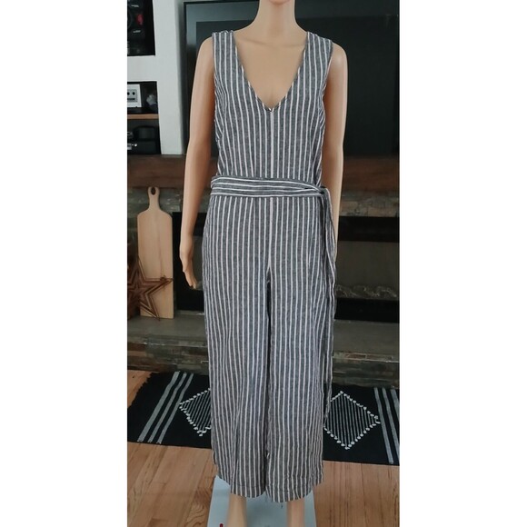 Wide Leg Linen Blend Jumpsuit Romper Sleeveless Pinstriped Pockets Wrap Belt XL - Picture 4 of 16